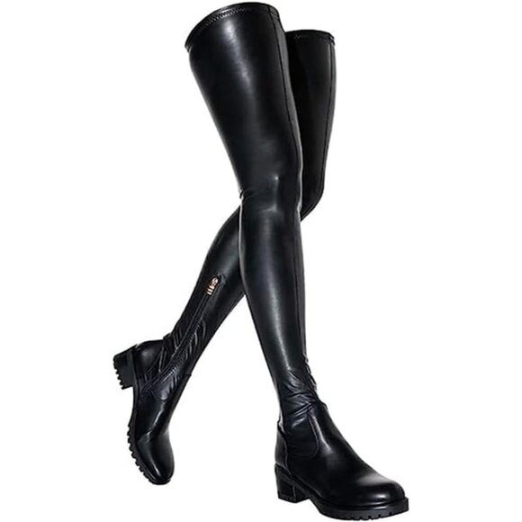 Shoes - Womens Black Polyurethane (PU) Rounded Toe Chunky Heel Stretch Thigh High Boots